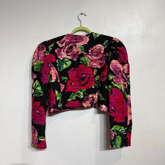 Nuit Black Floral Silk Cropped Vintage Bolero Jacket Sz M - Picture 7 of 10